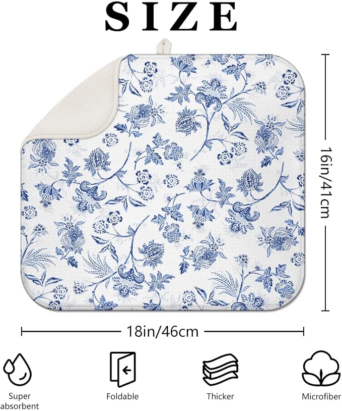 Blue Floral Dish Drying Mat for Kitchen Counter, French Farmhouse Style - Image 2