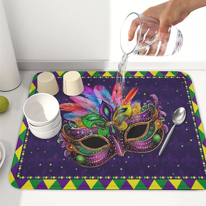 Mardi Gras Dish Drying Mat for Kitchen Counter Masquerade Mask Feather Dishes - Image 6