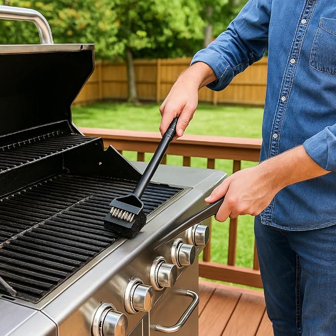 3-in-1 Grill Brush with Scraper, Wire Bristles & Scouring Pad – 18” BBQ Cleaner - Image 5