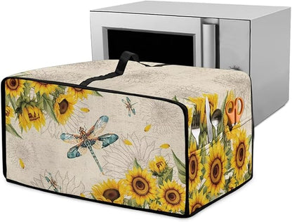 Dragonfly Sunflower Print Microwave Oven Cover Dust-Proof Microwave Toaster Oven Cover with Storage Bags Universal Washable Decor Accessories for Kitchen, M