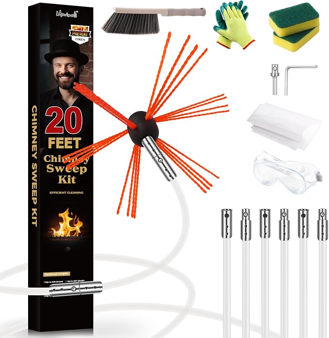 20 Feet Chimney Sweep Kit, Chrome Button Locking System, Chimney Cleaning Kit by Morinoli
