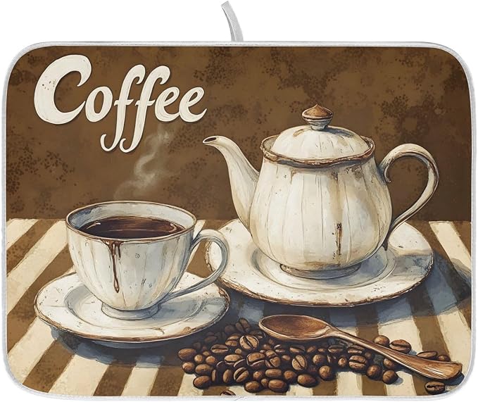 Coffee Themed Dish Drying Mat for Kitchen Counter Absorbent Microfiber Large by ALAZA