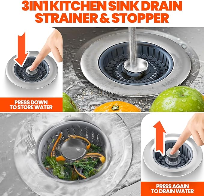 Kitchen Sink Drain Strainer & Sink Stopper, Upgraded 3 in 1 Stainless Steel - Image 2