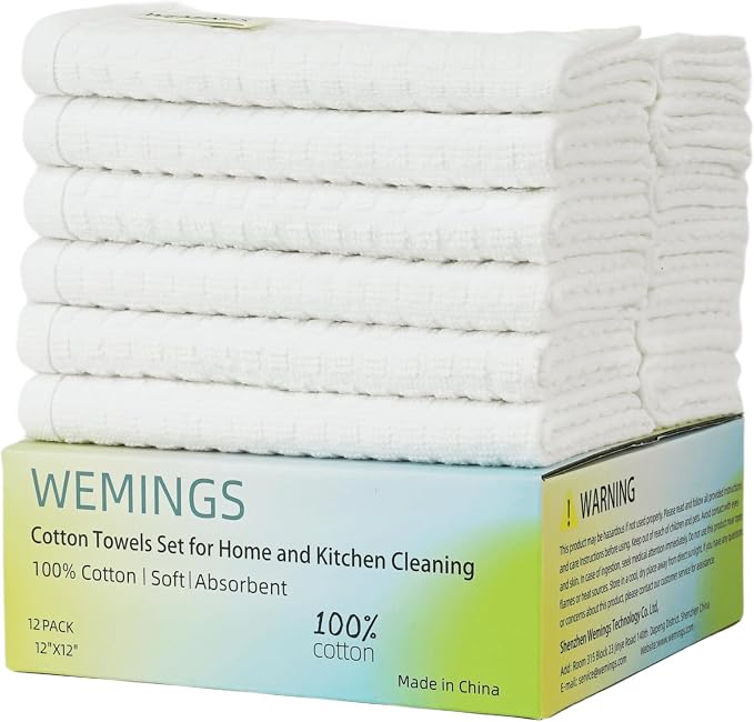 Cotton Dishcloths Set for Home and Kitchen Cleaning- 12x12 Inches Pack of 12- by Wemings