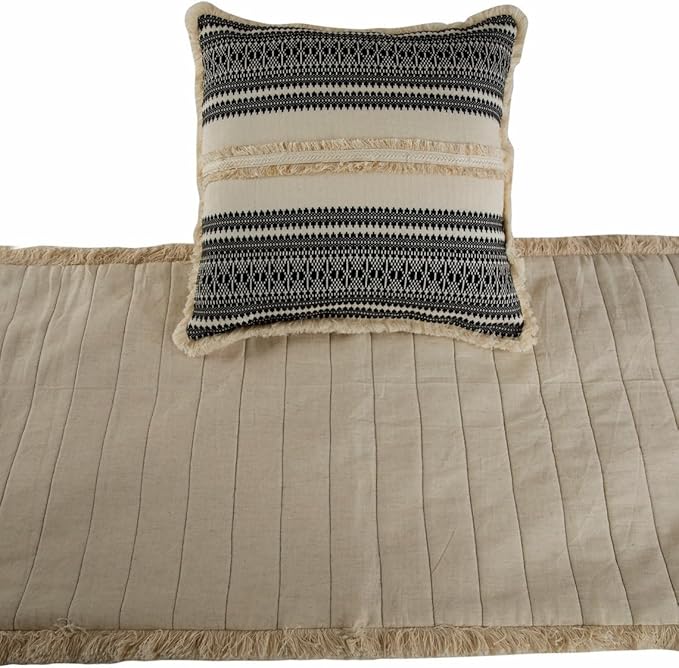 The HomeCentric Beige Bed Runner Without Pillow Cover, King Size 90"x18" Decorative Bed Runner, Beige & Black Linen Bed Scarf in Quilted, Natural Linen with Lace - Moroccan Vibe