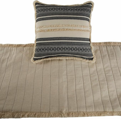 The HomeCentric Beige Bed Runner Without Pillow Cover, King Size 90"x18" Decorative Bed Runner, Beige & Black Linen Bed Scarf in Quilted, Natural Linen with Lace - Moroccan Vibe