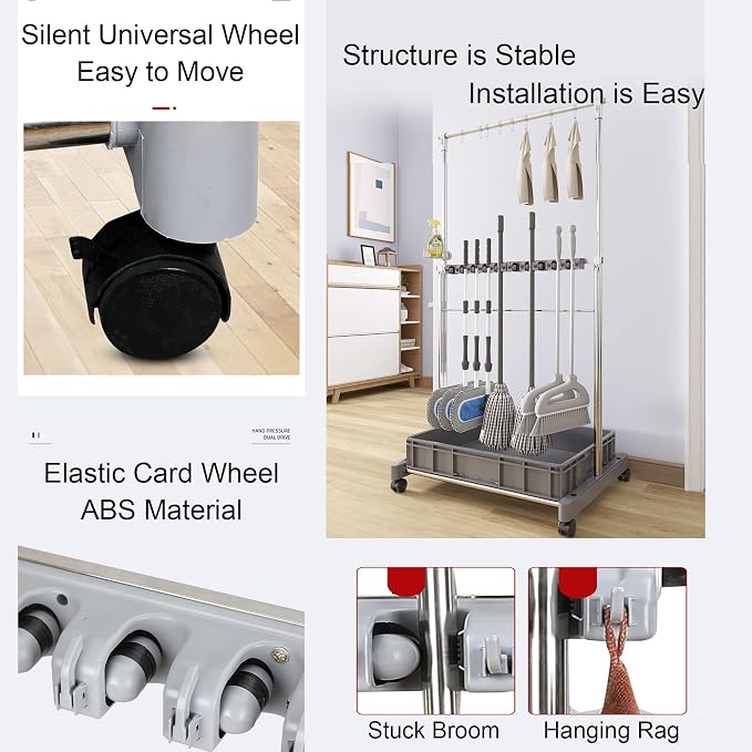 Movable Commercial Mop Rack, Floor Standing Cleaning Tool Cart Storage - Image 6