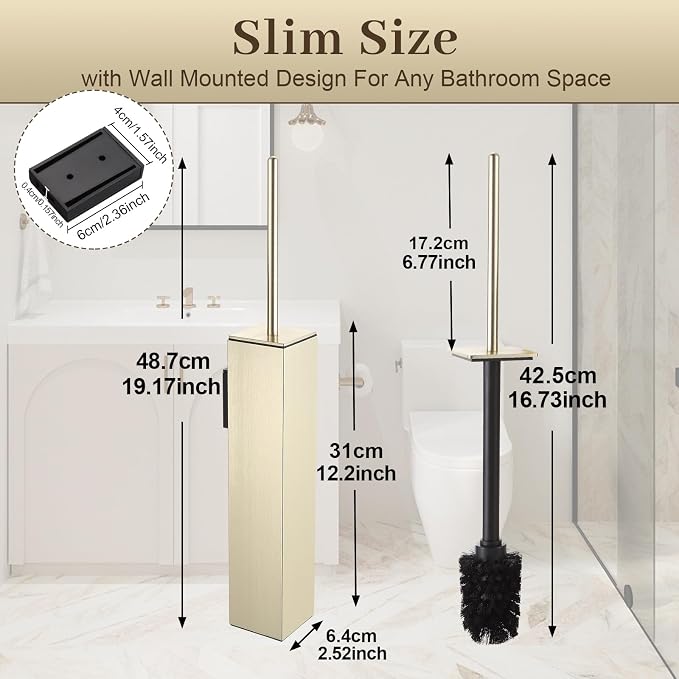 Toilet Brush and Holder Wall Mounted, Brushed Gold Aluminum - Image 2