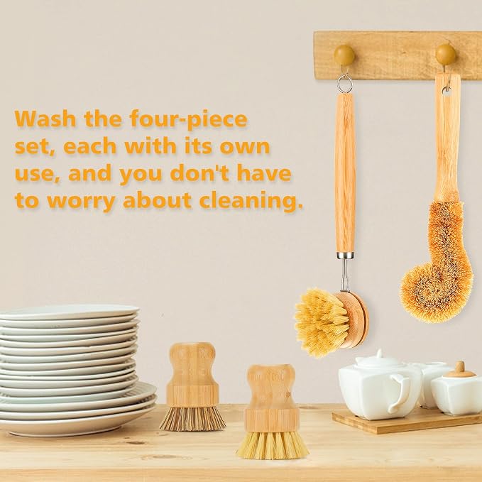 Bamboo Dish Brushes Sets 4 Tools in One Kitchen Clean Dish Scrubber - Image 5