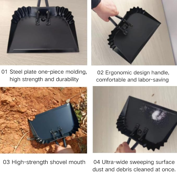 2 Pack Metal Dustpan and Brush Set - 12in Heavy Duty Steel Dust Pan - Image 5
