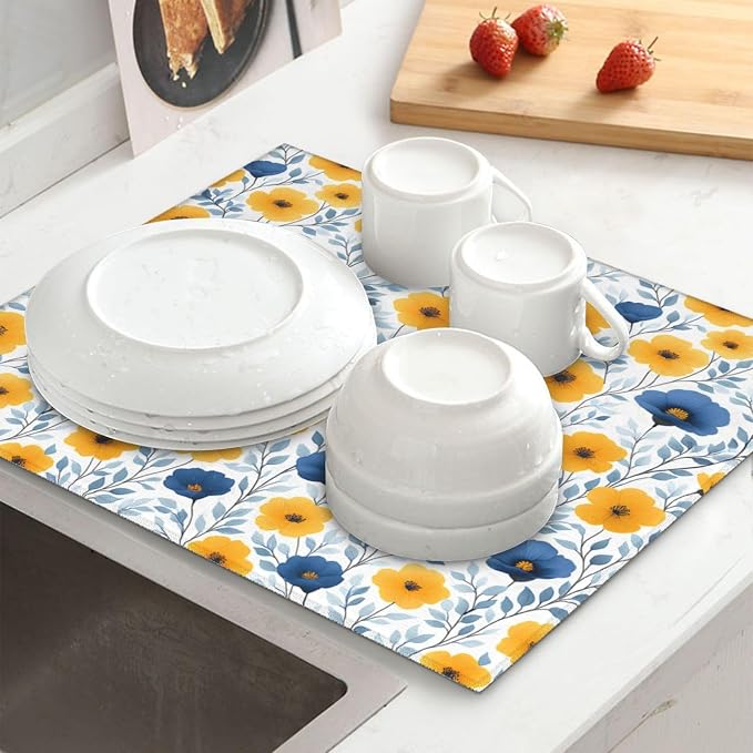 Blue Yellow Floral Dish Drying Mats - Image 2