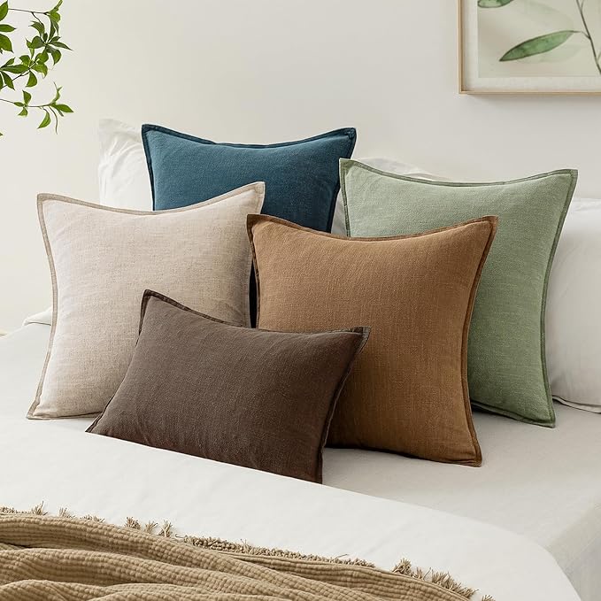 EMEMA Decorative Linen Throw Pillow Covers 24x24 Inch Grass Green Boho Farmhouse Neutral Couch Throw Pillows for Bed Pack of 2 Accent Pillowcase Modern Sofa Cushion Livingroom Home