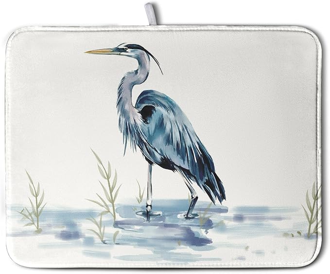 Summer Dish Drying Mat Blue White Heron Beach Absorbent Microfiber Drying Mats by Kwlegh