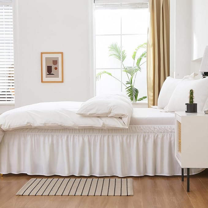 MEILA Wrap Around Bed Skirt Three Fabric Sides Elastic Dust Ruffled 14 Inch Tailored Drop,Easy to Install Fade Resistant-Natural White, Twin/Full