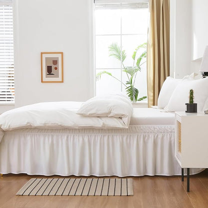 MEILA Wrap Around Bed Skirt Three Fabric Sides Elastic Dust Ruffled 14 Inch Tailored Drop,Easy to Install Fade Resistant-Natural White, Twin/Full