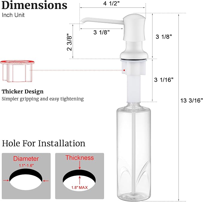 White Sink Soap Dispenser for Kitchen Sink, Built-in and Refill-from-Top Design - Image 3