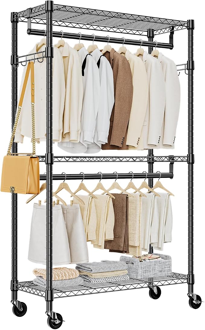Heavy Duty Rolling Garment Rack 3 Tiers Adjustable Wire Shelving Clothes Rack by MEIGAOPLASTICANDMETALHKCOLIMITED