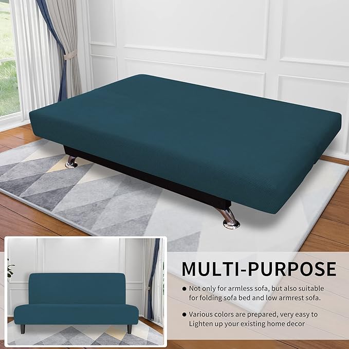Easy-Going Stretch Futon Slipcover Armless Futon Bed Cover Furniture Protector Without Armrests with Elastic Bottom for Kids, Soft Jacquard Fabric Small Checks (Large, Deep Teal)