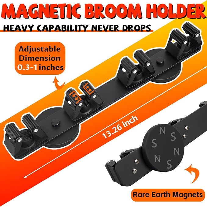 Magnetic Broom Holder Rack, Strong Magnetic Mount Mop Holder 4 Racks - Image 2