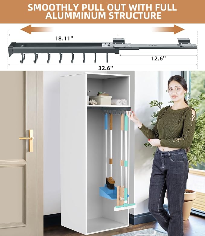 Pull Out Broom Holder, Garage Organization Hooks, - Image 2