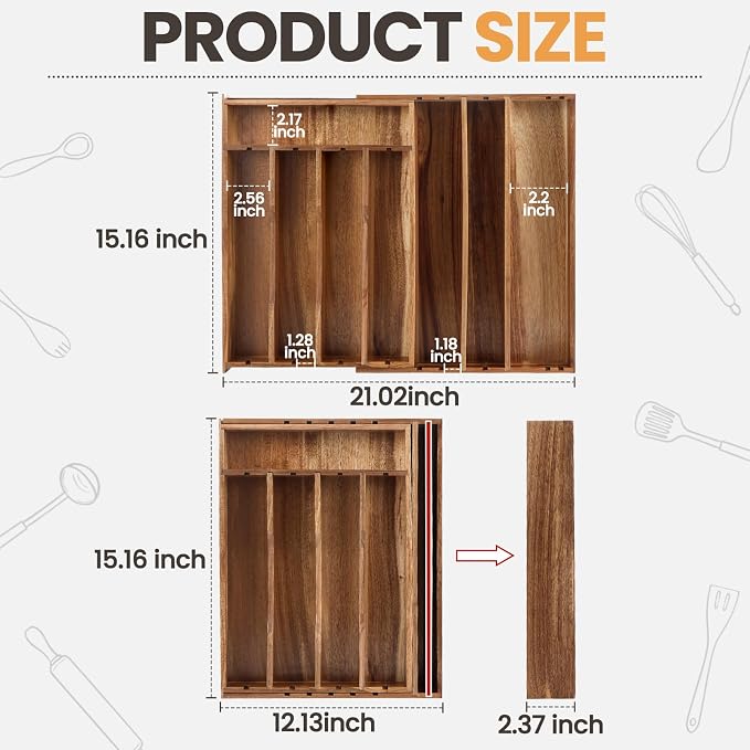Acacia Wood Silverware Drawer Organizer, 21 Inch Adjustable Cutlery Tray - Image 2