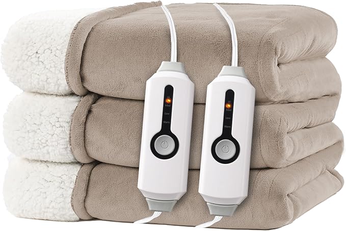 Electric Heated Blanket Queen Size 84"x90" - Dual-Sided with Microplush & Sherpa Fabric, 4 Heat Settings & 10 Hours Auto Off, Dual Controller, Machine Washable - Light Brown