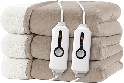Electric Heated Blanket Queen Size 84"x90" - Dual-Sided with Microplush & Sherpa Fabric, 4 Heat Settings & 10 Hours Auto Off, Dual Controller, Machine Washable - Light Brown