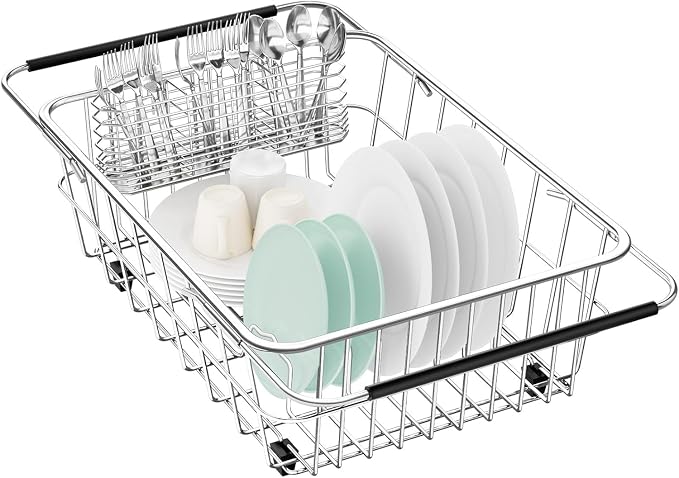 Large Dish Drainer Rack in Sink Adjustable, Expandable 304 Stainless Steel by Fanbsy