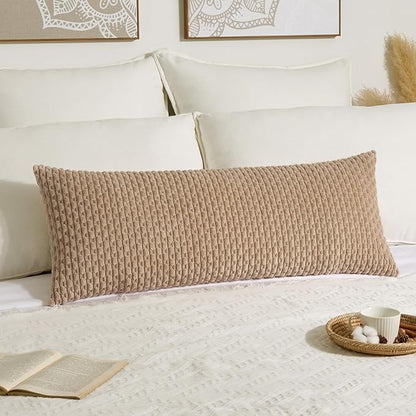 Kevin Textile 14x36 Inch Long Lumbar 1 Pack Boho Decorative Throw Pillow Cover Soft Striped Corduroy Rectangle Cushion Case Farmhouse Solid Color Accent for Living Room Couch Sofa Bed, Tan