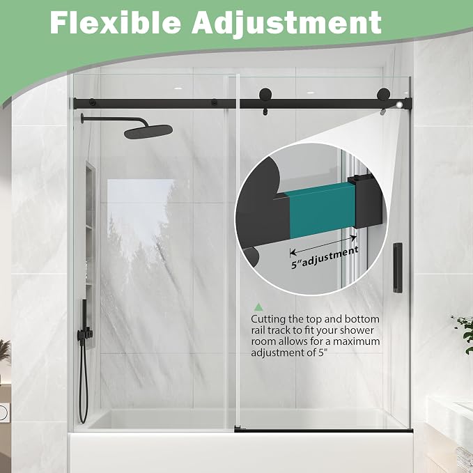 KPUY Frameless Sliding Bathtub Door, 55-60" W x 60" H Tub Shower Door, 1/4" - Image 6