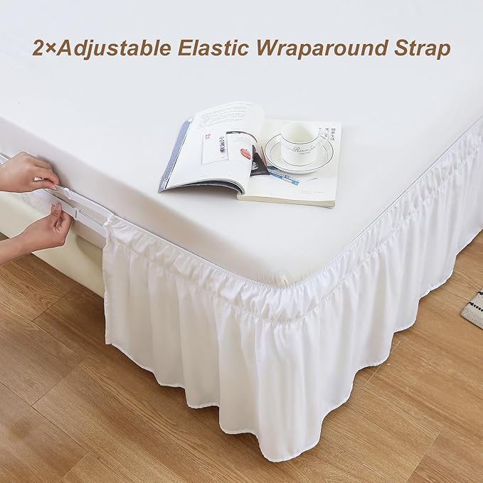 MEILA Wrap Around Bed Skirt Three Fabric Sides Elastic Dust Ruffled 14 Inch Tailored Drop,Easy to Install Fade Resistant-Natural White, Twin/Full