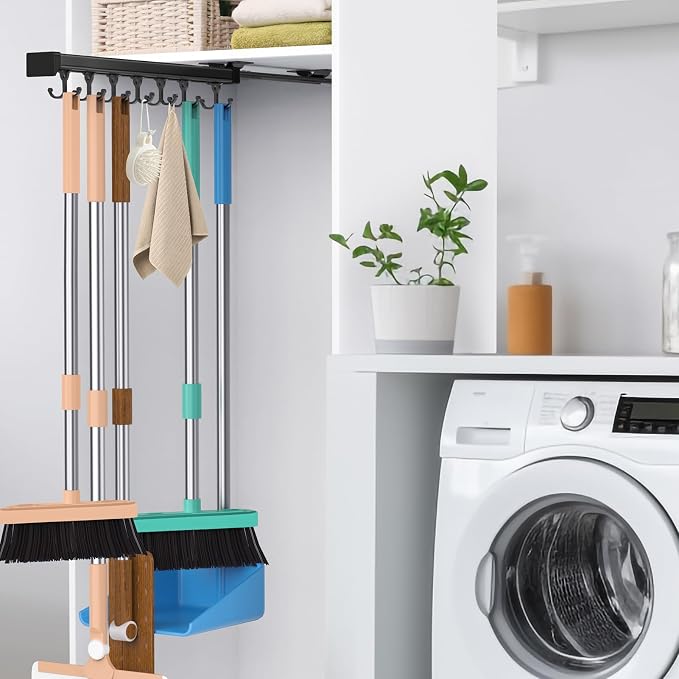 Pull Out Broom Holder With Adjustable Double Row Sliding Hook, by PrimZootyDesign