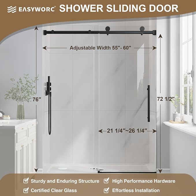 Frameless Glass Shower Door, 55-60" W x 76" H Sliding Frameless Shower Door - Image 5