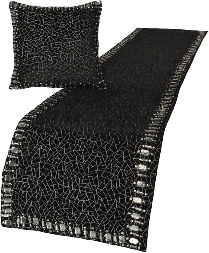 The HomeCentric King/Queen/Twin Black Decorative Twin 53"x18" Bed Runner Without Pillow Cover, Mosaic & Crystal Bed Scarf on Velvet Fabric - Mosaic Noir