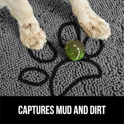 GORILLA GRIP SOAKSTOPPER Dog Door Mat, 30x20 Machine Washable Rug Absorbent Doormat Captures Moisture Mud Dirt, Quick Dry Soft Chenille Entryway Rugs Indoor Entrance Mats for Dog Paws, Paw Gray