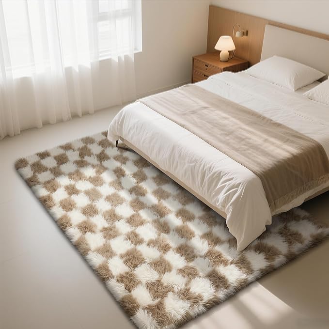Checkered Rug for Living Room, 6x9 Beige and White Area Rugs, Classic Checkered Carpets Shaggy Area Rug, Bedside Rugs for Living Room Bedroom Kids Room Home Decor