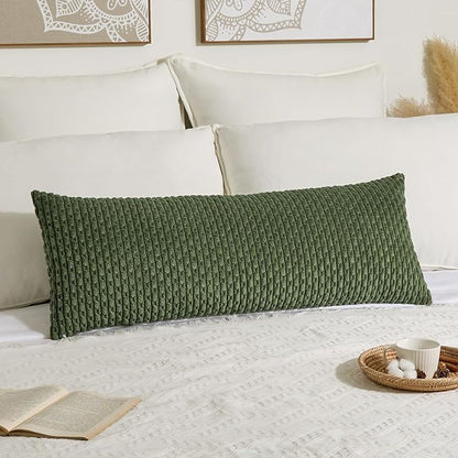 Kevin Textile 14x36 Inch Long Lumbar 1 Pack Boho Decorative Throw Pillow Cover Soft Striped Corduroy Rectangle Cushion Case Farmhouse Solid Color Accent for Living Room Couch Sofa Bed, Moss Green