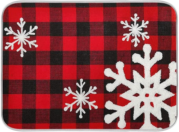 Christmas Red Plaid Snow Snowflake Dish Drying Mat 16x18 inch Red Black Lattice by Wamika