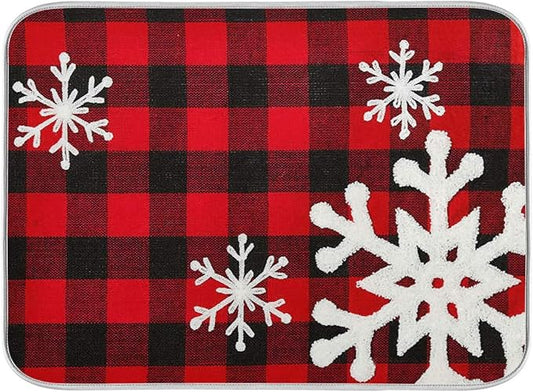 Christmas Red Plaid Snow Snowflake Dish Drying Mat 16x18 inch Red Black Lattice by Wamika
