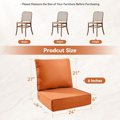 Luxury 6" Outdoor Cushions for Patio Furniture, 24x24x6" Thick Seat Cushion Set of 7, Fade Resistant Couch Chair Replacement Cushions High Density Deep Wicker Chair Cushion w/ Removable Cover, Orange