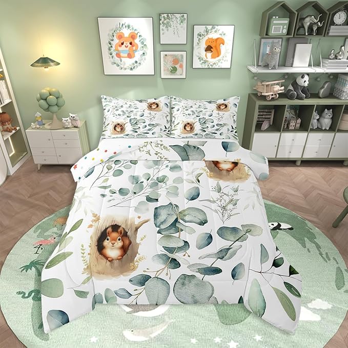 Erosebridal Kawaii Squirrel Bedding Twin for Boys Girls Cartoon Animal Comforter Set Twin, Eucalyptus Leaves Duvet Insert Jungle Wildlife Quilt Comforter, Tropical Plants Bedding Comforters & Sets