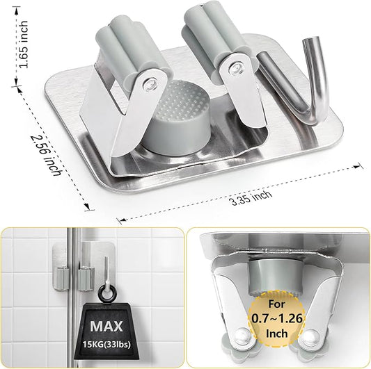 Stainless Steel Broom Holder, Self-Adhesive, 4 Gripper Positions, 4 Hooks - Image 2