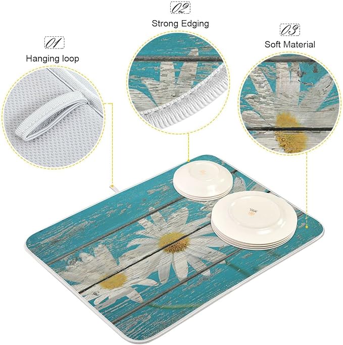 Daisy On Old Wooden Board Dish Drying Mat - Image 2