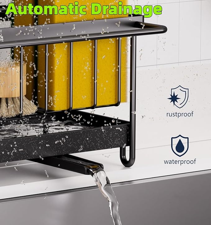 Sink Caddy Sponge Holder with Auto Draining Tray, Space-Saving Soap Dispenser - Image 2