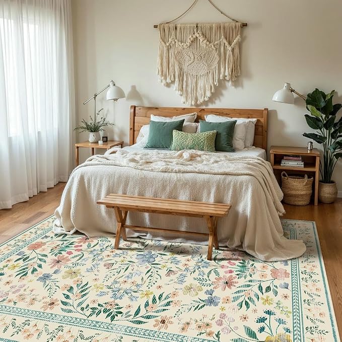 Floral Rug for Living Room Bedroom, 5x7 Washable Rug, Large Non Slip Low Pile - Image 3