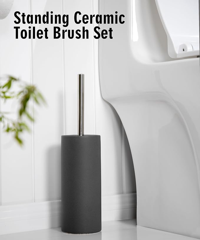Matt Gray Ceramic Toilet Brush and Holder Set, Freestanding Toilet Bowl - Image 6