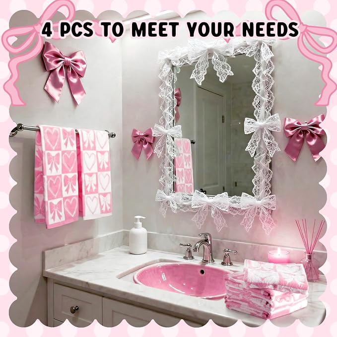 Frienda 4 Pcs Pink Bow Hand Towels - Image 6