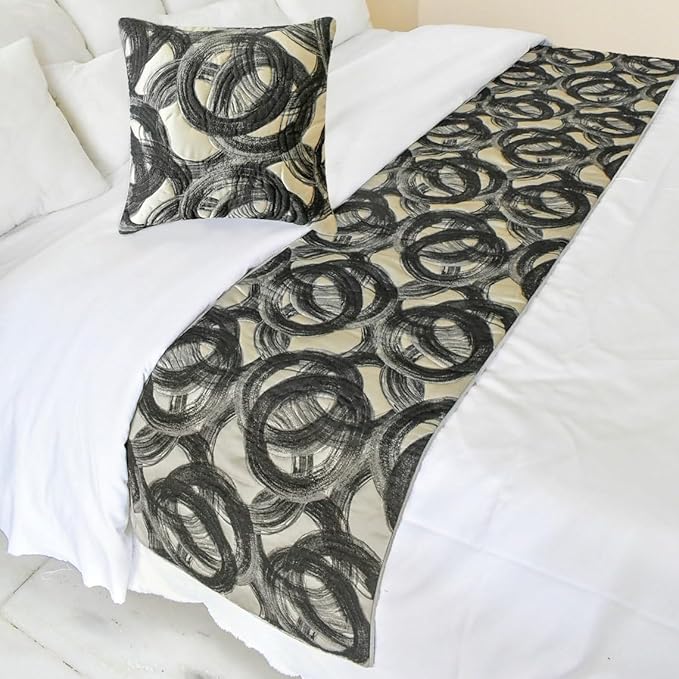 The HomeCentric King/Queen/Twin Black Decorative Twin 53"x18" Bed Runner with Pillow Cover, Circle, Rings, Quilted Bed Scarf on Jacquard Fabric - Circlewise