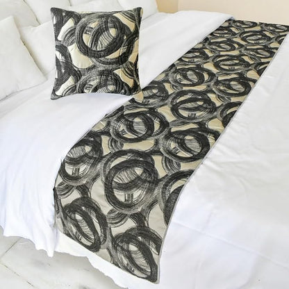 The HomeCentric King/Queen/Twin Black Decorative Twin 53"x18" Bed Runner with Pillow Cover, Circle, Rings, Quilted Bed Scarf on Jacquard Fabric - Circlewise