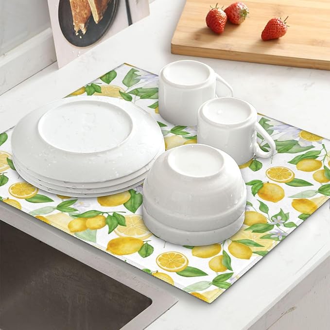 Lemon Dish Drying Mat for Kitchen Counter Microfiber Absorbent Dish Draining - Image 4